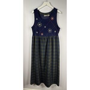 Vtg Bobbie Brooks Jumper Dress Womens L 12/14 Plaid Snowflake Winter Art Teacher